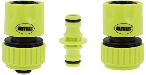Amig - Kit de Conectores para Manguera - 3 Componentes - 2 Empalmes Rápidos de 3/4 y 1 Manguito de Conexión - Accesorios Ideales para Jardinería - Plástico ABS - Verde Pistacho