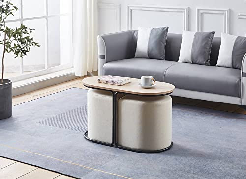 DecoInParis Ensemble Table Basse Couleur Bois avec 2 poufs en Tissu Beige Judith