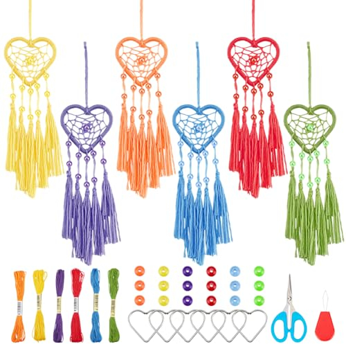 INFUNLY 6 Set DIY Makramee-Schlüsselanhänger-Sets Regenbogen-Herz Makramee-Schlüsselanhänger DIY-Herz-Bastelset Zum Aufhängen von Boho-Taschenanhängern Mit Anleitungsvideo