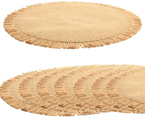 Runde Tischsets aus Jute, 8 Stück, Boho, natürliche Jute mit Fransen, Tischsets für Esstisch, rustikaler Bauernhaus-Tischset, kreisförmig, Durchmesser 38,1 cm, für drinnen und draußen