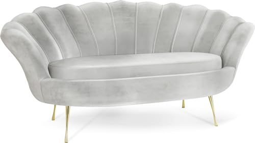 WFL GROUP Samt Muschel Sofa mit Golden oder Silber Metallbeinen - Weicher 2-Sitzer Couch für Wohnzimmer - Elegant Polstersofa Muschelform - Soft Cloud Set - Golden Beinen - Grau