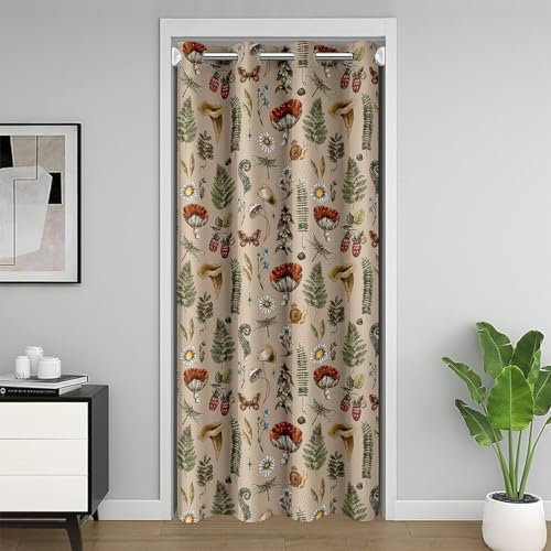 Mushroom Decor Door Curtain 1 Panel 34 W X 80 L Hippie Daisy Botanical Leaves Print Doorway Curtain for Closet Door Wild Butterfly Dragonfly Rustic Style Door Drape for Bedroom Privacy