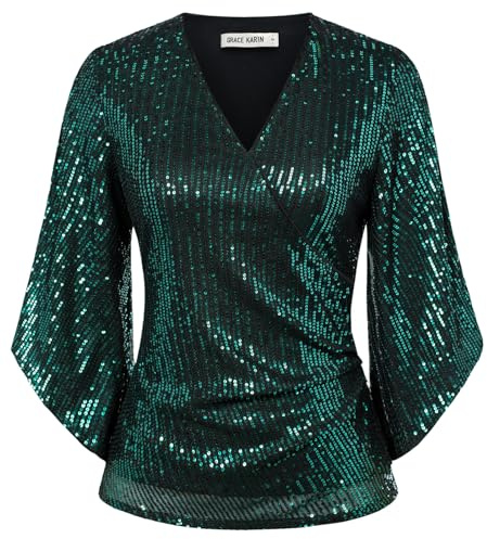 GRACE KARIN Chemisier à manches 3/4 pour femme, avec col en V et paillettes, pour fête, cocktail, XXL