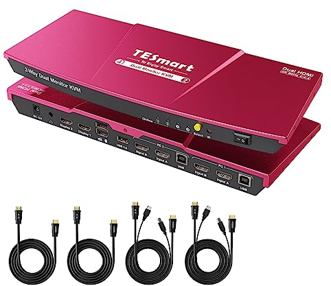 TESmart KVM Switch 2 Monitore 2 PC, 4K@60Hz Extended Display HDMI KVM Switch Dual Monitor mit EDID Emulator, Kabel, Hotkey, Tastenumschaltung, HDCP 2.2, 2 PC 2 Monitor Switch mit Audio USB Port