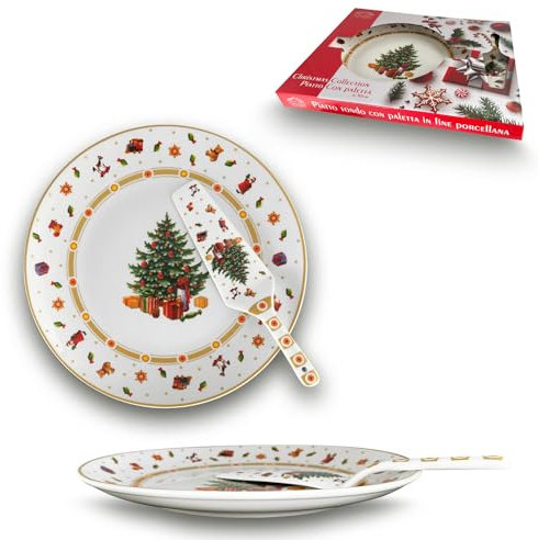 ARCA, Piatto Panettone con Paletta in Porcellana, con Decorazione Natalizia Albero di Natale, Resistente e Duraturo, Ideale per la Tavola, Idea Regalo di Natale, 30 cm