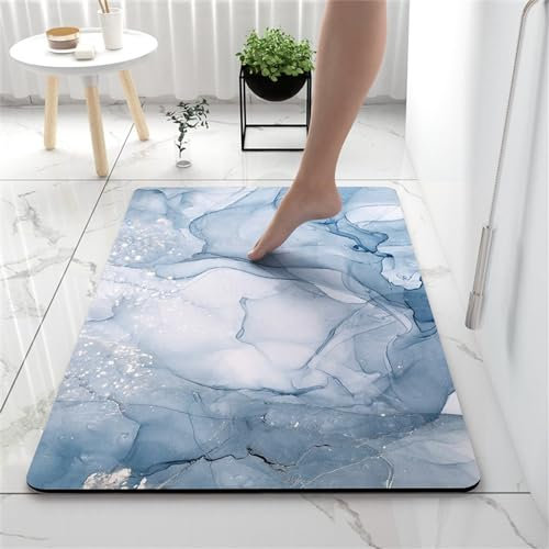 Hixingo Tapis de Bain Antidérapant Moderne Motif Marbre Tapis Salle de Bain Diatomite Absorbant, Tapis Douche Séchage Rapide, Microfibre Tapis Vaisselle Tapis d'Entré (50x80cm,Bleu Clair)