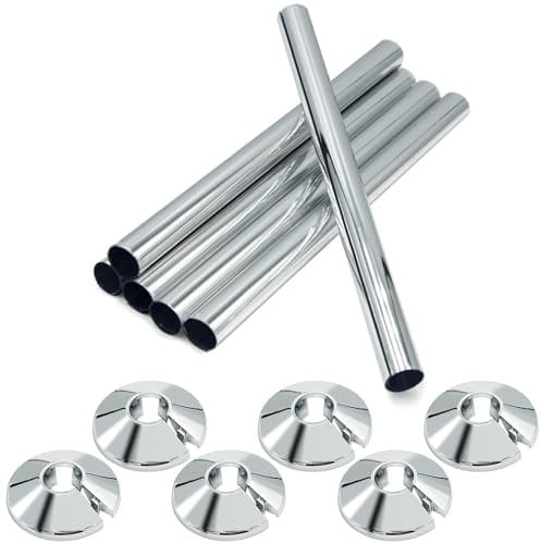 6 Pcs Radiator Pipe Covers and 6 PCS Pipe Collars, Radiator Pipe Covers 15mm x 200mm and 16mm Radiator Pipe Collars Cover for Radiator Pipe(Silver)