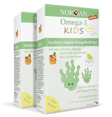 NORSAN Omega 3 vegan KIDS JELLY 45 hochdosiert (2x45 Stück) / Omega 3 vegan hochdosiert 220mg pro Kaugeleedrops/veganes Omega 3 mit EPA & DHA/Omega 3 Kids mit Tutti-Frutti-Geschmack