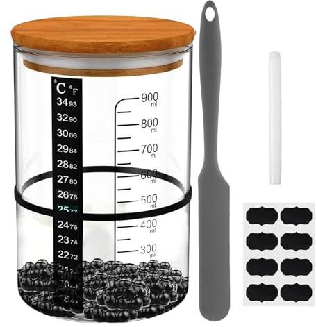 Glass Sourdough Bread Starter Kit, 900ML Sourdough Starter Jar with Thermometer, Large Capacity Glass Round Jar, Reusable Jar with Feeding Date Band, Scraper, Baking Supplies for Sour Dough Bread