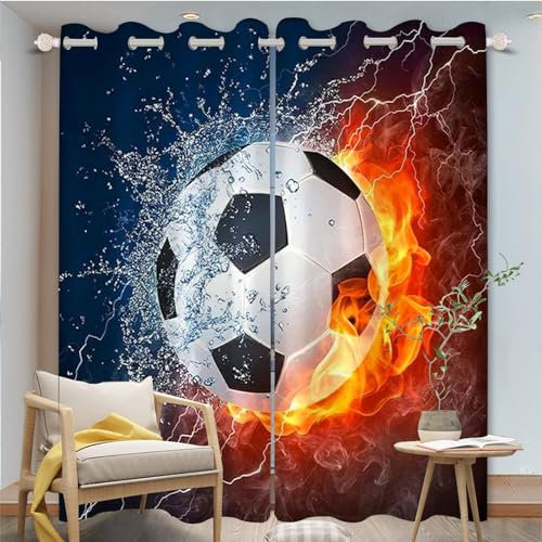 FABTOP Fußball Gardinen Verdunklungsgardine Kinder Jungen Sport Vorhänge 3D-Druck Fußball Kunst Gardinen Blickdicht Für Kinderzimmer Wohnzimmer (5,150×166BxH (75×166cm×2))