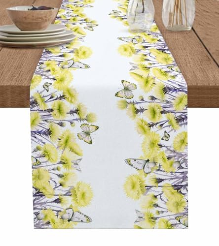Tischläufer mit Frühlingsblumen, Baumwollleinen, 152,4 cm, Urlaubskommode, Schals, Aquarell, Sommer, botanisch, eleganter Tischläufer für Küche, Kaffee/Esszimmer, Schlafzimmer, Wohnzimmer, Abendessen,
