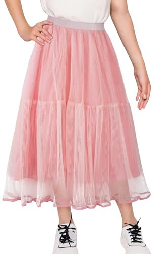 Maeau - Gonna Lunga Tulle per Ragazza Vita Alta Gonna Tutù in Maglia Gonna A Gonna A Pieghe Gonne Midi da Ballo Principessa - 4-12 anni, Rosa, 9-10 anni