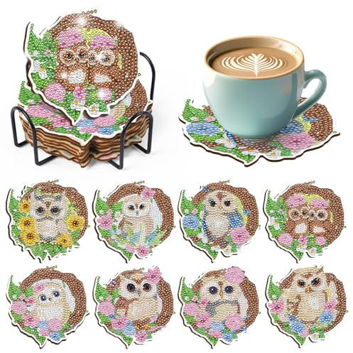 Taskicraft Eule Diamond Painting Untersetzer - 8 Stück Diamond Painting Anhänger Bastelset 5D Diamond Painting Kinder Diamond Painting Mit Ständer Und Korkunterlage Eule Diamant Tassenuntersetzer