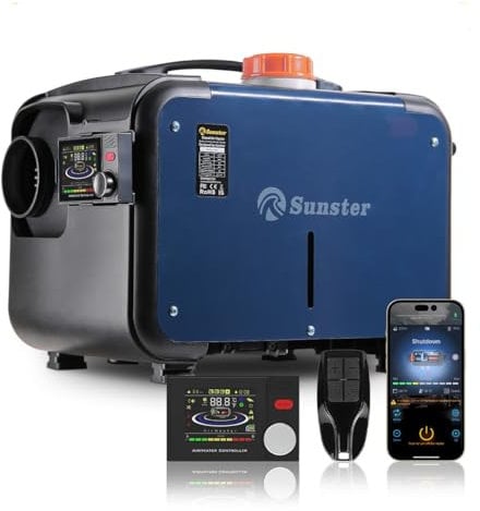 Sunster Upgrade 12V 24V 8KW Diesel Air Heater with Bluetooth APP Control night heater diesel All-in-One with Remote Control &LCD Monitor for Car Trucks Boat Bus RV and Trailer campervan tent