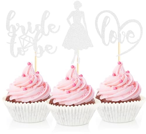 Sotpot 24PCS Bride to Be Cupcake Toppers with Heart Silver Glitter Dress Bridal Shower Cupcake Picks for Wedding Bridal Shower Wedding Engagement Party Cake Decorations