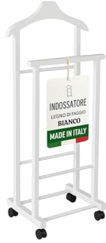 OWIJI Indossatore Appendiabiti Legno Faggio Bianco Rotelle Servo Muto Doppio Dimensioni 45 x 30 x 95 cm Appendiabiti Vestiti Camera Letto Cabina Armadio Grezzo