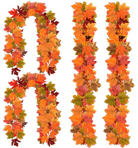 Artificial Autumn Maple Leaf Garland,4PCS Autumn Fall Maple Leaf Autumn Garland Hanging Fall Vines Table Decorations Front Door Fall Decor Thanksgiving Decorations Outside Indoor Decor
