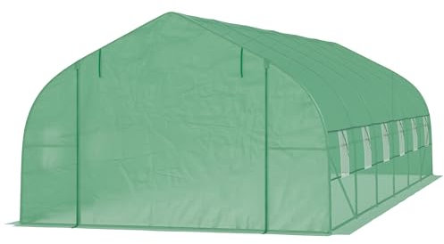 Outsunny Serre Tunnel 24 ㎡ avec bâche PE Cadre en Acier galvanisé Ø 24 mm 12 fenêtres et Porte roulante Vertes 8 x 3 x 2 m Vert