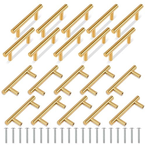 TRIXES 20PK Gold Cabinet Handles Gold Stainless Steel T Bar Pulls Cupboard Handles Drawer Pulls for Kitchen - Length 100mm