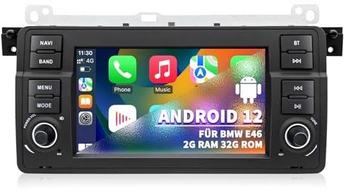 Autoradio für BMW E46 1999 2000 2001 2002 2003 2004, Android 12 2G+32G Radio mit GPS Navigation CarPlay Android Auto Bluetooth WLAN USB Lenkradsteuerung, 7 Zoll Touchscreen