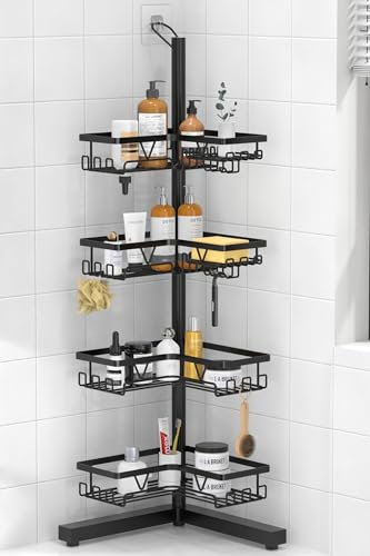 Kegii Modern Minimalist 4-Tier Black Shower Caddy - Freestanding or Wall-Assisted, Adjustable Height, No-Drill Wall Mount, Stainless Steel, 4 Compartments