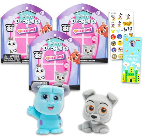 Disney Doorables Blindtaschen-Set – Paket mit 3 Disney Fuzzified Doorables Minifiguren für Kinder, Erwachsene plus Aufklebern | Disney Doorables Exklusive beflockte Figuren-Serie