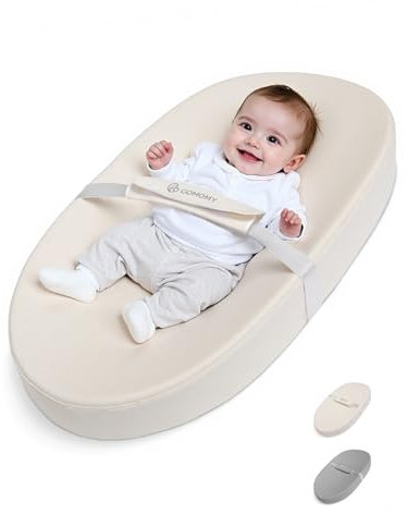 COMOMY Vegan Leather Nappy Baby Changing Mat with Waterproof and Wipeable PU Cover, Anti-Roll and Anti-Slip Diaper Chang Mat with Safety Straps, Portable Changing Pad, for Dresser and Table (Beige)