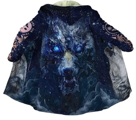 Wikinger Warm Verdickt Herren Kapuzenumhang, 3D Druck Nordisch Tattoo Winterjacke, Mode Lässige Sherpa Futter Parka, Mittelalter Hornschnalle kaschmir Mantel, Inspiriert von legendären Vikingkriegern(