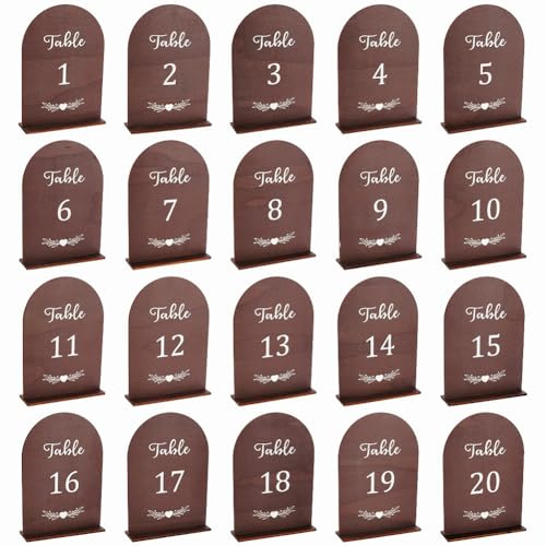 PH PandaHall 20 Sets Wooden Table Numbers, Wedding Table Number Signs 1-20 Arch Single Sided Wooden Number Plate with Base for Wedding Reception Restaurant Birthday Brown 18.3x13cm