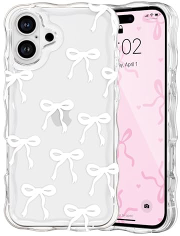 QLTYPRI Case for iPhone 16 Plus, Cute Ribbon Bow Curly Wavy Frame Clear Phone Case for Girls Women, Aesthetic Bowknot Transparent Soft Silicone TPU Bumper Shockproof Protective Cover - White