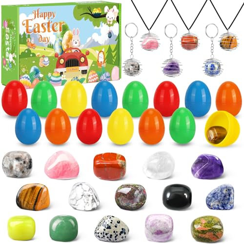 Ostergeschenke für Kinder, 15 Ostereier gefüllt mit Kristallen, 3 DIY-Schlüsselanhänger, 3 DIY-Halsketten - Stein-Sammlungs-Set. Perfekte Partygeschenke, die Spaß und Bildung für Jungen und Mädchen