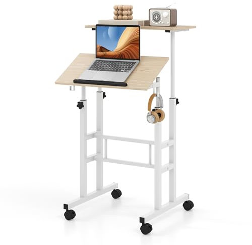 COSTWAY Stehpult Höhenverstellbar, mobiler Computertisch mit Rollen, neigbarer Tischplatte & 2 Haken, Schreibtisch, Steh-Sitz-Tisch, Laptoptisch für Zuhause, Büro (Natur)
