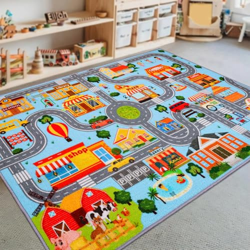 DINSUMRUG Autoteppich für Kinder, extra rutschfester Verkehrsstraßenteppich, pädagogische Automatte mit Stadtplan, Jungen-Schlafzimmer, Klassenzimmer, 150X100CM, Blau