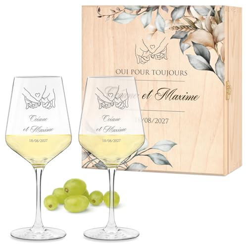 Maverton Calici Vino x2 Personalizzati - Bicchieri Vino Rosso o Vino Bianco 490 ml - Incisi per Lei e Lui - Scatola Legno Personalizzata - Regalo per Sposi e Coppia - Regali Personalizzati