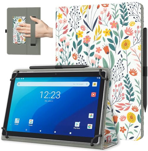 TiMOVO Étui Universel pour Tablette Androiod de 10,1 Pouces avec Boucle pour Stylet, Coque Léger et Pliable avec Main pour Toutes Les Tablettes à Écran Tactile de 9 à 11 Pouces, Fleur