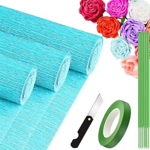 3 Rolls Krepppapier Blau 25x250cm, Krepppapier Rollen, Nicht Abfärbende Farben, Krepppapier Bunt für DIY Blumen Kunsthandwerk, Geburtstagsfeier, Hochzeit, Festival Ornament (Blau)