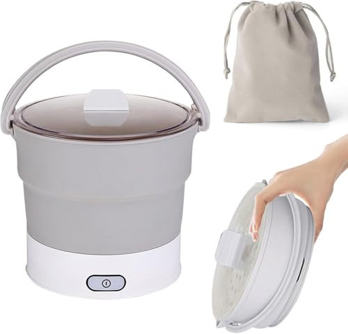 Olla Caliente Eléctrica Plegable, Olla de Viaje Plegable Portátil Liviana para Acampar 1L Olla de Viaje Multifunción Olla de Cocina Portátil de Acero Inoxidable Con Vaporera para Camping Dormitorio