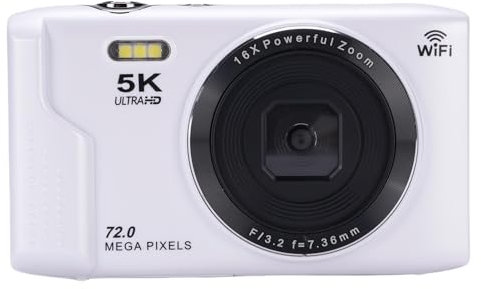 Fotocamera Digitale 5k per Fotografia, Fotocamera Vlog WiFi AutoFocus 72MP, Videocamera per Videocamera con Schermo da 2,8 Pollici, Zoom 16x, Flash Microfono Integrato (WHITE)