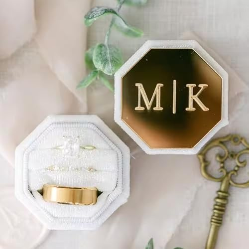 Caja De Lino Con Triple Ranura Y Espejo Dorado Grabado For Anillos De Boda, Soporte De Acrílico For Anillos De Boda, Caja De Terciopelo Con Cubierta Acrílica Personalizada For Anillos De Boda