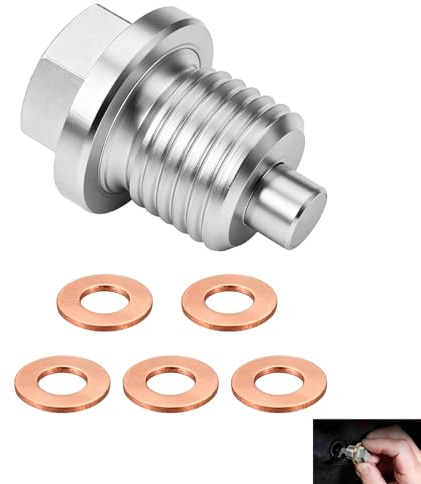 Magnetic Oil Drain Plug, M14 x 1.5 Stainless Steel Sump Drain Nut Bolt with 5 Copper Crush Washer, Universal Oil Pan Plug, Replacement Universal Oil Plug for Most Cars Motorcycle Boats Engines