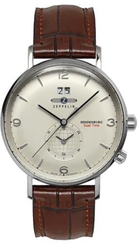 Zeppelin 8044-5 Hindenburg Herren Uhr – Made in Germany, Silberfarben, Lederarmband Braun