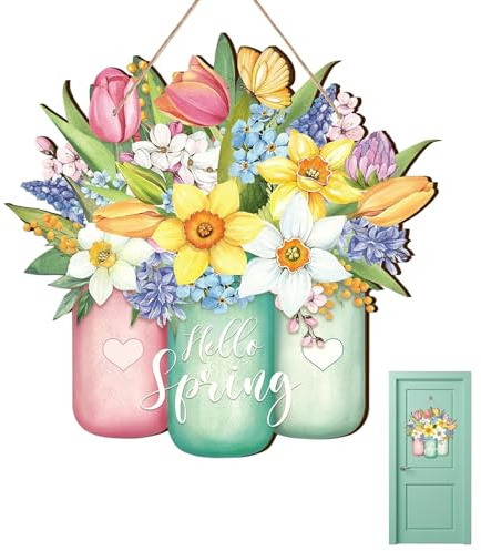 Holzschilder Hello Spring, Frühling Blumen Holzschilder, Spring Türschilder, Haustürschild Frühling, Ornamente mit Aufhängeschnur, für Zuhause, Haustür, Wand, Rustikale Blume, Hof (C)