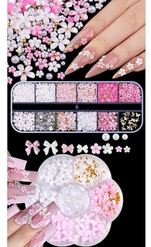 MSLSOZ Lot de 2 boîtes de breloques pour ongles 3D (nœud, fleur, demi-perle), fleurs roses pailletées et nœuds, accessoires décoratifs pour manucure et loisirs créatifs