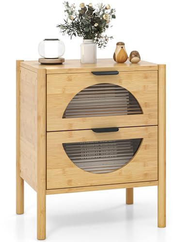 RELAX4LIFE Table de Chevet en Bambou - 2 Tiroirs avec Verre Trempé Cannelé et Pieds en Bois Surélevés, Table de Nuit Moderne pour Salon et Séjour, 45 x 40 x 56 CM (Naturel,1)