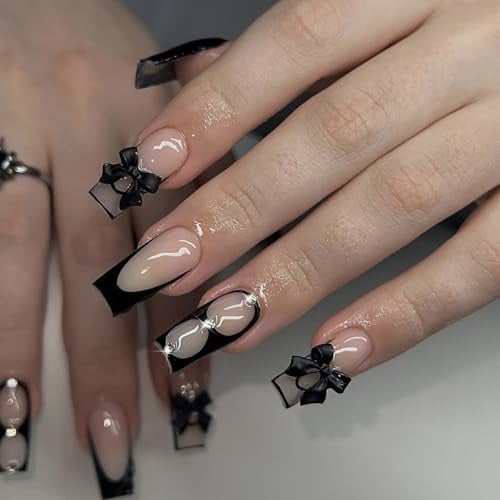 24PCS Black Fake Nails - 3D Rhinestone & Bow Press on Nails Gothic - French Tip False nails with Glue - Medium Coffin Stick on Nails - Durable Glue on nails for Women - Acrylic Nail Tips Full Cover
