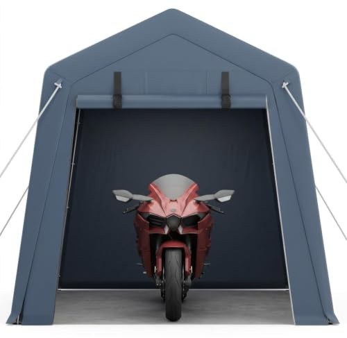 Garvee Tragbarer Motorrad-Unterstand 6x8 ft - wasserdichtes Lagerzelt/Carport mit robustem Rahmen & PE-Plane, Roll-up Reißverschlusstür, Belüftungsfenster - Grau, 6 * 8FT