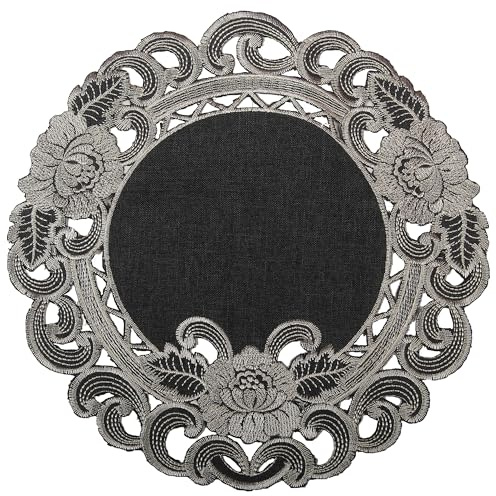 Grau Tischaufleger Tisch-Deckchen Leinen-Optik Blumen Stickerei (ca. 28 cm Rund)