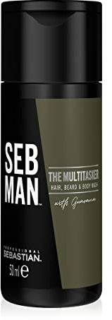 SEB MAN THE MULTITASKER – 3-in-1 Shampoo, Bartshampoo & Duschgel in Reisegröße – für alle Haartypen – mit Guarana-Extrakt und anregendem Duft von Bergamotte und rosa Pfeffer – 50 ml