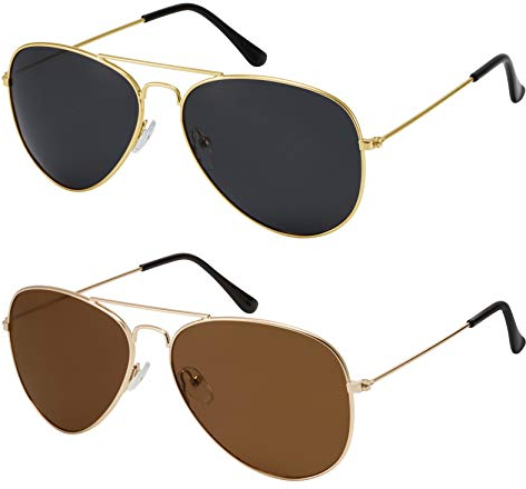 La Optica B.L.M. Sonnenbrille Herren Damen UV400 Pilotenbrille Fliegerbrille 70er Jahre - Doppelpack Set Gold Farben (Gläser: 1 x Grau, 1 x Braun)
