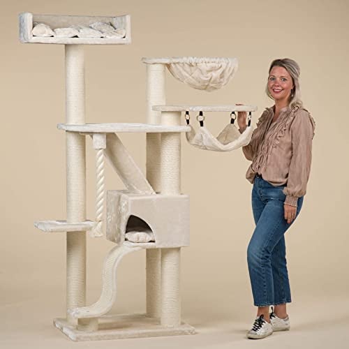 RHRQuality Cat Tree for Large Cats - Kilimanjaro Deluxe Crown – 195 cm High – With 12 cm Sisal Posts & Luxury Lying Area – Cream